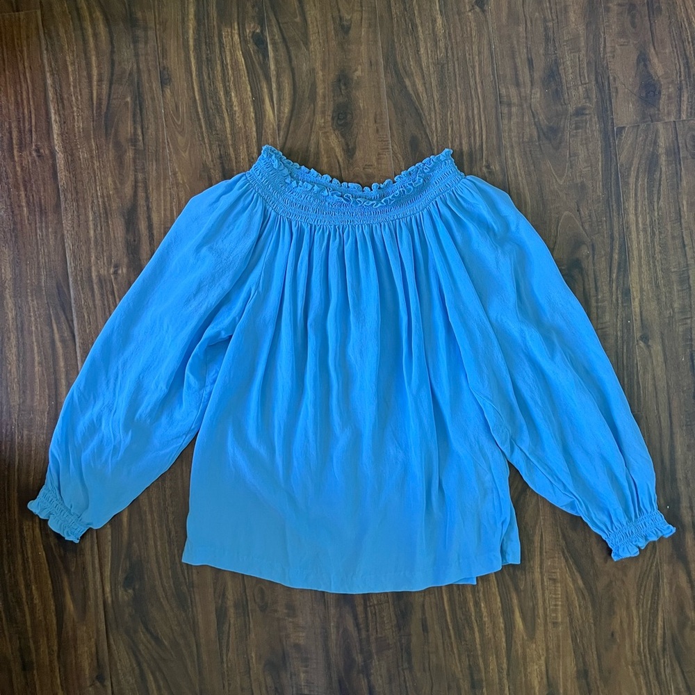Maje Light Blue Smocked Silk Long Sleeve Blouse